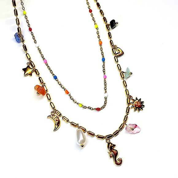 NEW Gold Sea Glass & Enamel Charm Double Strand Necklace - Picture 5 of 10